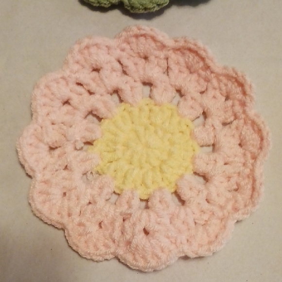 Handmade Crochet Flower Coasters Set - Green, Pink, Yellow, Brown - Picture 4 of 9